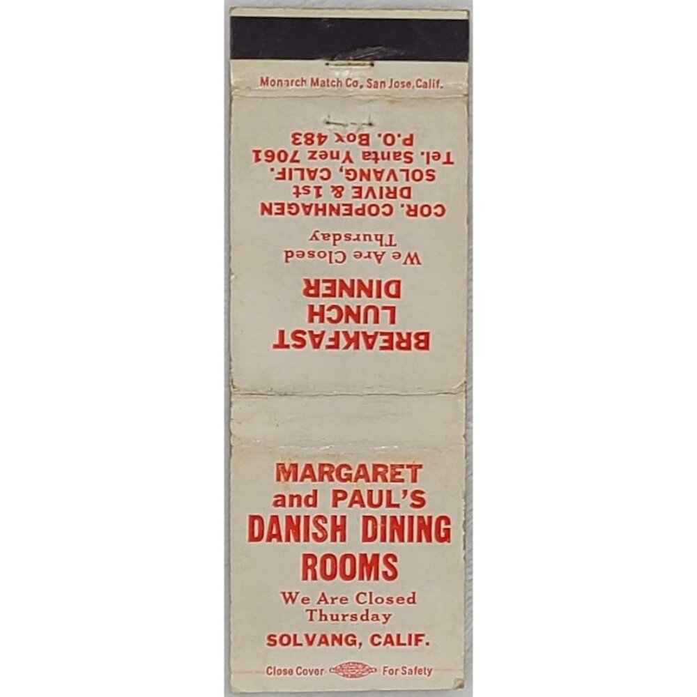 Front Strike Matchbook Margaret & Paul’s Danish Dining Solvang CA California